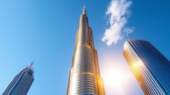 Low angle view of three modern skyscrapers on a sunny day, one central skyscraper is golden and reflective, others are glass and steel