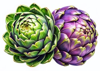 Fototapeta premium Vibrant Purple & Green Artichokes - Fresh, Hand-Drawn Watercolor Style
