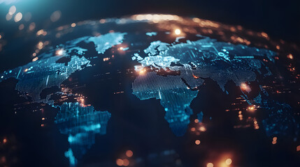 Digital earth map with futuristic technology concept for global communication design. Dynamic shinny background with blue lights. 