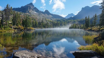 A beautiful, tranquil lake surrounded by towering mountains, with mist rising off the water.