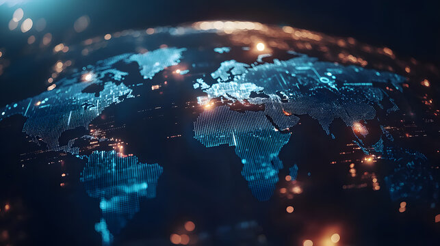 Digital earth map with futuristic technology concept for global communication design. Dynamic shinny background with blue lights. 