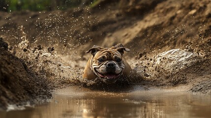 Buldog radośnie taplający się w błocie