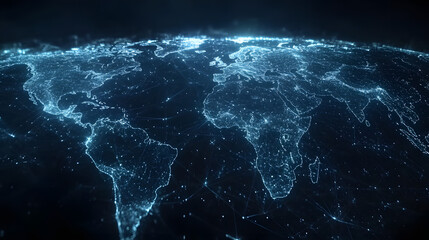 Futuristic digital world map with glowing network connections in neon blue colors for technology design, wallpaper, backdrop, cover design