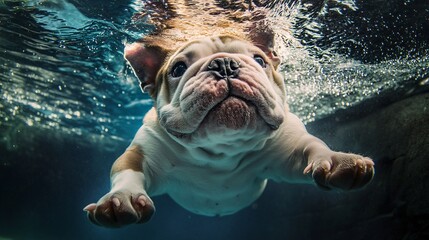 Buldog pływa pod wodą, zanurzony w ciemnej głębi