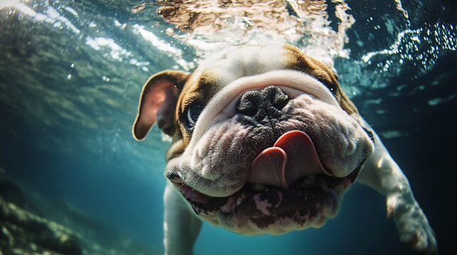 podwodny buldog z wystawionym językiem