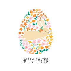 Spring floral cartoon print with cute bunny, flowers and lettering Happy Easter. Spring cartoon print in flat style. Vector cute hare in the egg shaped frame. Good for posters, t shirts, postcards.