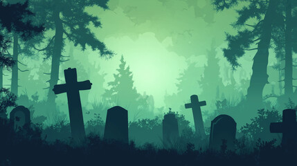Vector illustration of a spooky graveyard background with tombstones.
