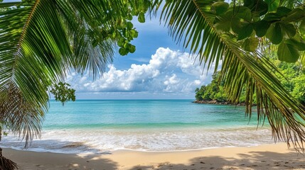 Naklejka premium Palm leaves framing a view of the ocean and golden sand, a scenic tropical spring break destination