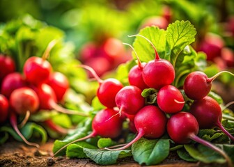 Obraz premium Vibrant Red Radishes with Green Tops - Tilt-Shift Photography Stock Photo