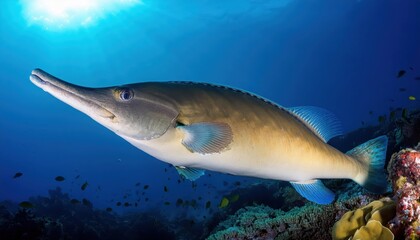 Naklejka premium Common Guitarfish Rhynchobatus djiddensis with Live Sharksucker Echeneis naucrates among Great Barrier Reef Corals, Vivid Marine Life Spectacle, Dynamic Diversity in an Underwater Kaleidoscope.