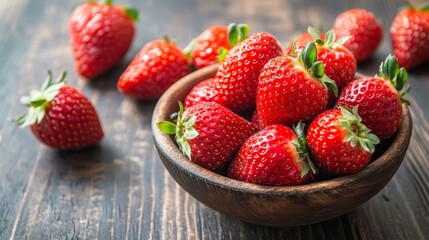 Fresh strawberries in wooden bowl on rustic table 