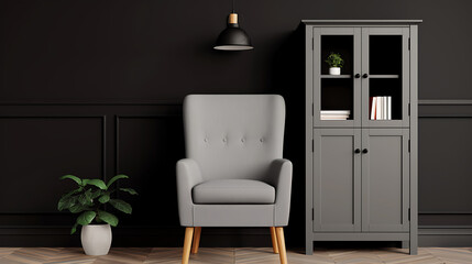 Modern Gray Armchair and Display Cabinet in Dark Room