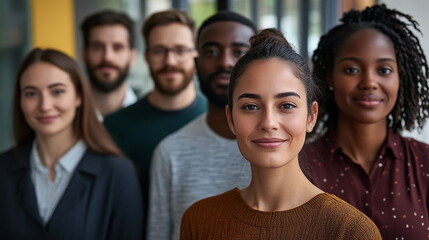 Close-up portrait of smiling people from different ethnicities standing side by side in an office setting, looking at the camera with determination and confidence. 