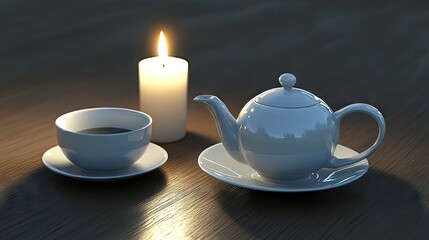 Fototapeta premium A simple but elegant tea setup with a classic porcelain set and soft candlelight.