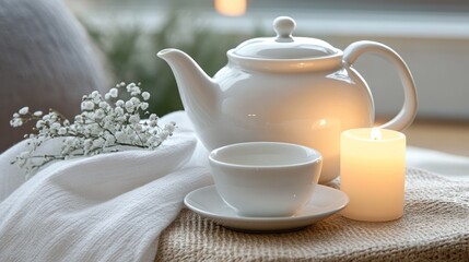 Fototapeta premium A simple but elegant tea setup with a classic porcelain set and soft candlelight.
