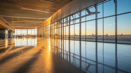 Quiet airport terminal with reflections on polished floors and sleek architecture