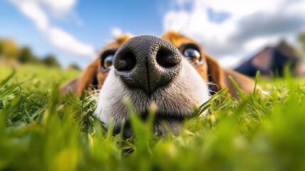 Beagle leżący w trawie z nosem na pierwszym planie