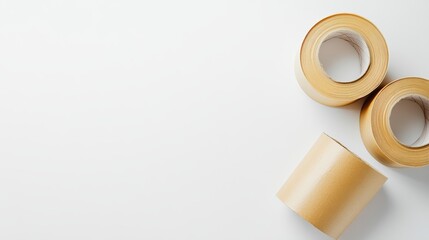 Brown tape rolls on white top view copy space 