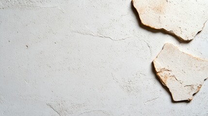 Fototapeta premium Two off white, irregularly shaped stones rest on a speckled gray surface, leaving ample negative space. The image features a minimalist, flat lay