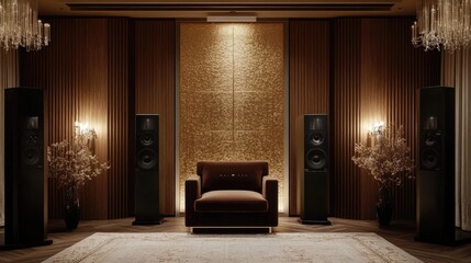 Fototapeta premium A soft and inviting music corner with elegant speakers, a velvet armchair, and dim lights.