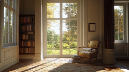 Fototapeta premium A stylish corner with a soft lounge chair, a cozy rug, and a stack of books.