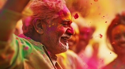 Szczęśliwy starszy mężczyzna świętujący Holi