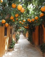 Obraz premium Orange trees arch over a stone path between ochre buildings.