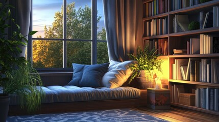 A stylish reading corner with a built-in bookshelf, a cushioned seat, and warm lighting.