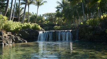 Naklejka premium Small waterfall flowing into a secluded tropical lagoon, an exotic spring break escape