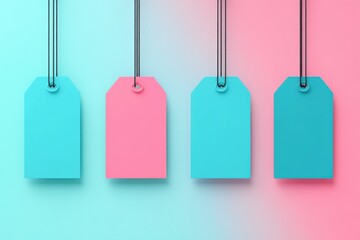 A Collection of Four Colorful Tags Hanging in a Gradient Background: Blue and Pink Shades Creating a Modern Still Life Aesthetic