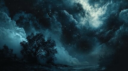 Night sky, lone tree, cloudscape, moonlit landscape, fantasy art