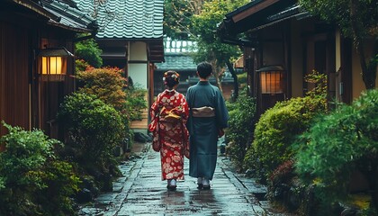 Obraz premium Couple in Kimono, Japan, Alley, Rainy Day, Travel