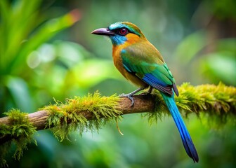Vibrant Turquoise-Browed Motmot Bird in Lush Rainforest - Stock Photo