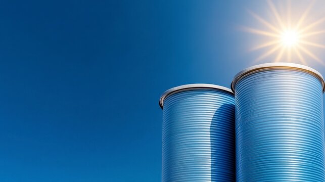 Two modern cylindrical buildings against a bright blue sky, sunlight shining from upper right corner - Powered by Adobe