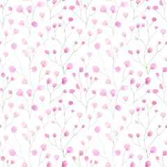 Pink flowers background. Seamless watercolor floral pattern with hand drawn illustration of abstract flowers, cute cherry, sakura blossom for spring textile, wallpapers