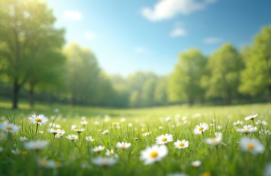 Blurred spring nature background with blooming daisy glade, trees, blue sky on sunny day. Grass field flowers in foreground. Summer meadow park serene scenic vista for relaxation.