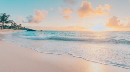 Obraz premium Sunrise over a peaceful tropical lagoon with gentle waves lapping at the shore, symbolizing a tranquil spring break morning