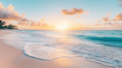 Obraz premium Sunrise over a peaceful tropical lagoon with gentle waves lapping at the shore, symbolizing a tranquil spring break morning