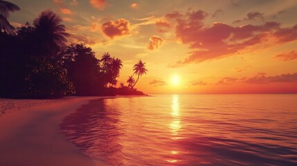 Sunset glow over a tranquil cove, with warm tones reflecting off the water and sand