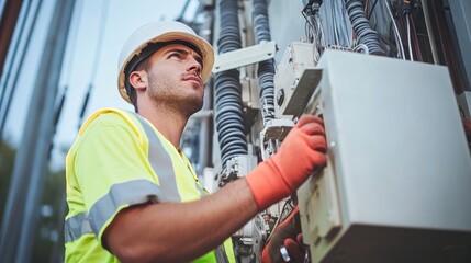 Worker in reflective vest and hard hat standing in front of large electrical transformer, symbolizing power restoration and infrastructure maintenance, holding toolkit with focused expression.