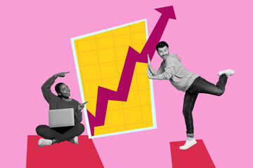 Creative sketch collage of two happy girl guy sit arrow development pointer hold laptop freelancer...