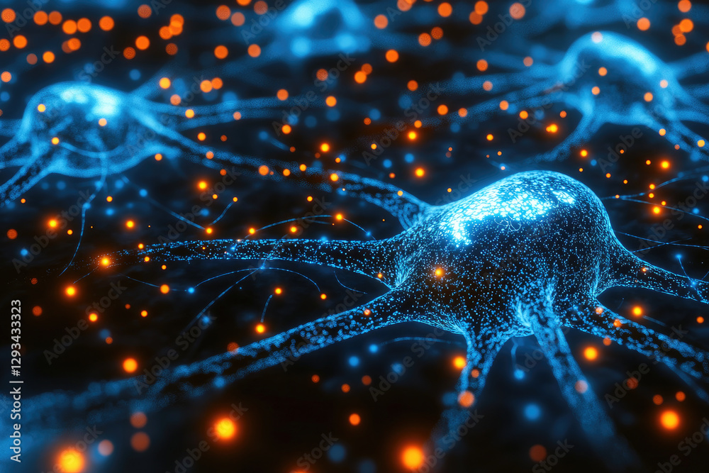 Poster 3d rendering of neurons with glowing connections, showcasing intricate details and vibrant colors