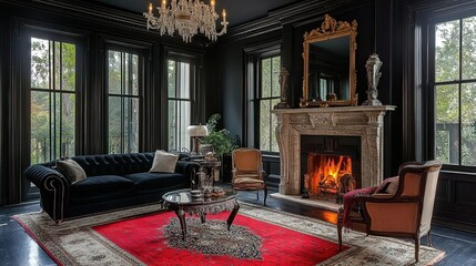 A classic black room adorned with a decorative fireplace, vintage mirror, and elegant chandelier.