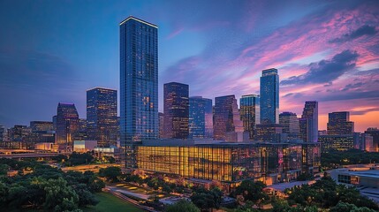 Naklejka premium A city skyline at dusk, composed of glass-facade buildings, illuminated with a vibrant, warm glow against the fading blue sky