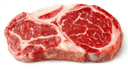 Obraz premium Raw ribeye steak on a white background. Fresh meat with fat for grilling or cooking.