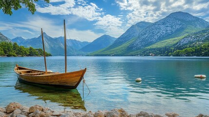 Obraz premium Traditional wooden sailboat anchored in a peaceful bay, ready for a day of family exploration