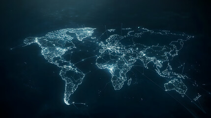 Futuristic digital world map with glowing network connections for technology design