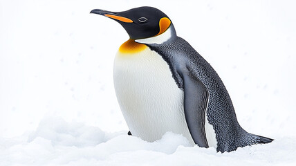 Fototapeta premium A regal king penguin, serene and majestic, stands amidst pristine Antarctic snow, bathed in soft, bright sunlight.