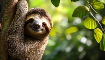 Fototapeta premium Threetoed Sloth in Costa Ricas Green Canopy, Perched Peacefully amidst Lush Flora and Fauna, Capturing the Serene Beauty of the Rainforest at Twilight