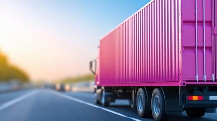 Pink cargo truck driving on a highway at sunrise. The truck is the main focus, with a blurred background of other vehicles and a bright sky
